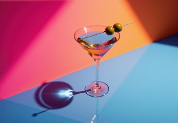 Martini Glass with Olives on Bi-Colored Background