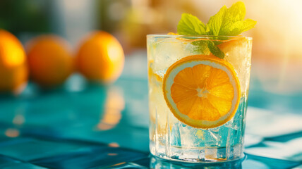 Fototapeta premium Refreshing Citrus Drink with Lemon Slice and Mint Garnish on Bright Table