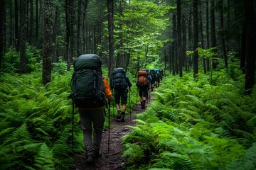 Obraz premium Green pine trees and ferns along a forest trail with hikers.