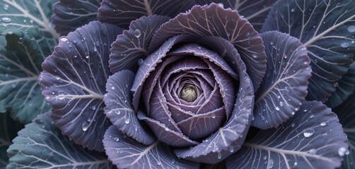 Obraz premium Close-up of a fresh purple cabbage with raindrops on its leaves in a garden setting