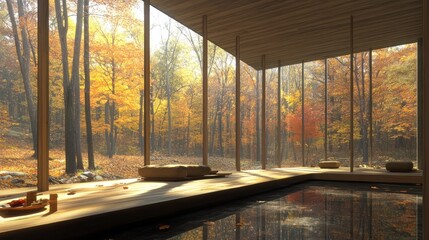 Fototapeta premium Modern minimalist autumnal spa with forest view.
