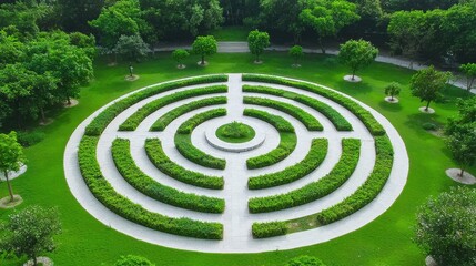 Naklejka premium A beautifully designed garden maze featuring circular pathways surrounded by lush greenery, providing a serene outdoor experience.