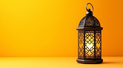 Ornate Black Metal Lantern with Warm Light on Yellow Background