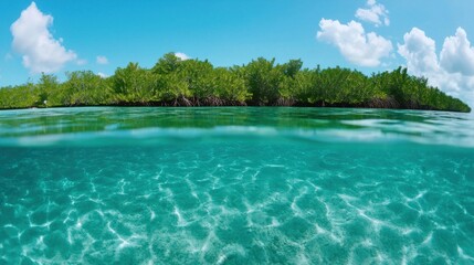 Obraz premium A vibrant tropical scene showcasing clear turquoise waters and lush green mangroves under a bright blue sky with fluffy clouds.
