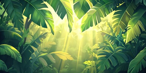Lush tropical jungle scene with sunlight streaming through dense foliage.