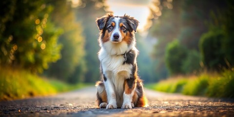 Fototapeta premium Attentive Australian Shepherd Puppy on Country Road Stock Photo