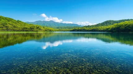 A serene lake reflects vivid blue skies and lush greenery, surrounded by mountains under a clear, bright atmosphere.