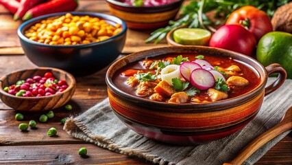 Authentic Mexican Red Pozole with Garnishes and Coffee - Stock Photo