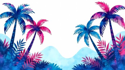 Tropical palms in a colorful jungle with vibrant pink and blue flowers. Fancy background illustrating the journey