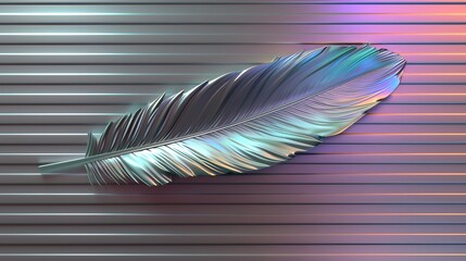 A single, metallic silver feather on a striped, iridescent background.