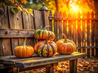 Autumnal Still Life: Three Decorative Pumpkins on Rustic Wooden Bench