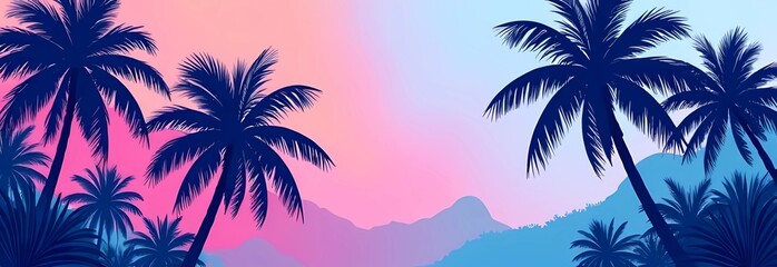 Tropical palms in a colorful jungle with vibrant pink and blue flowers. Fancy background illustrating the journey