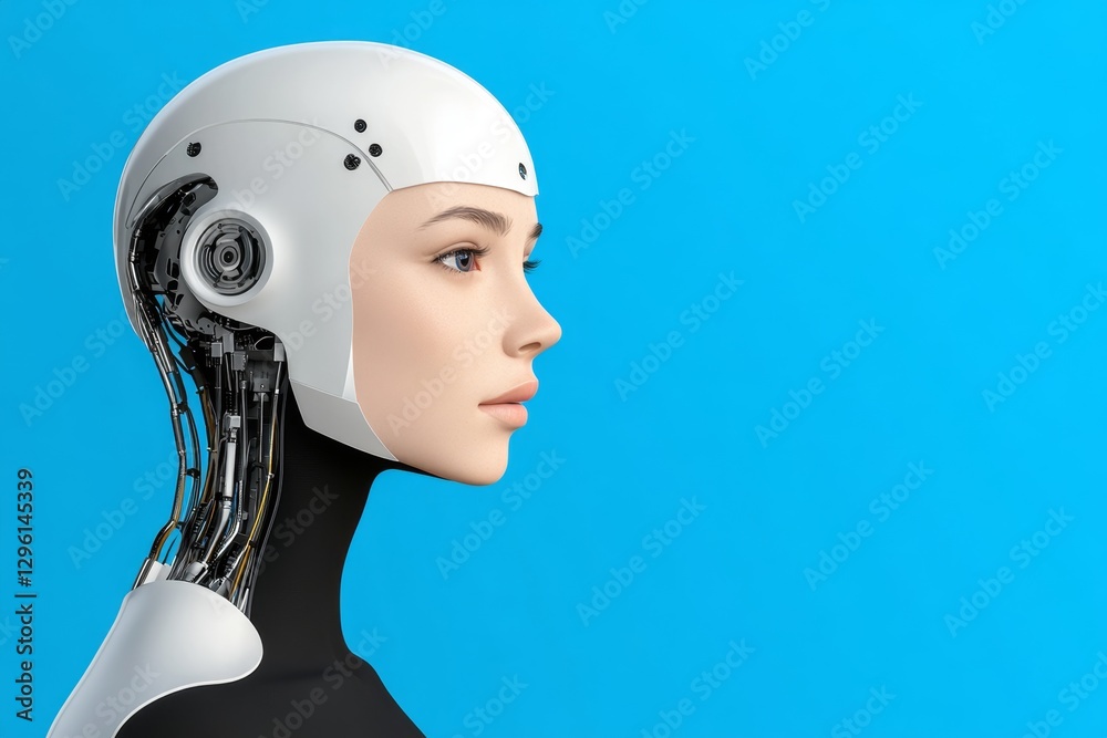 Aufkleber a minimalistic flat illustration of an ai robot wearing a white helmet and black shirt, against a bl