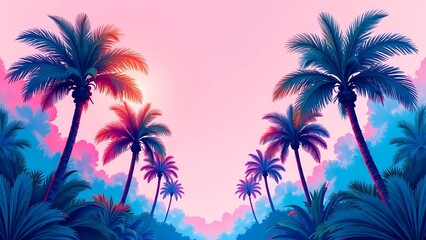 Tropical palms in a colorful jungle with vibrant pink and blue flowers. Fancy background illustrating the journey
