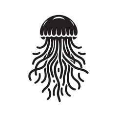 Eerie Jellyfish silhouette, glowing softly in the ocean’s darkness - Jellyfish illustration - Minimalist Jellyfish vector - Fish silhouette
