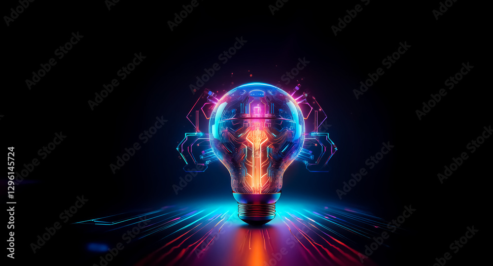 Aufkleber a vibrant light bulb emits neon glow with streaks of blue and orange light. a futuristic and artisti