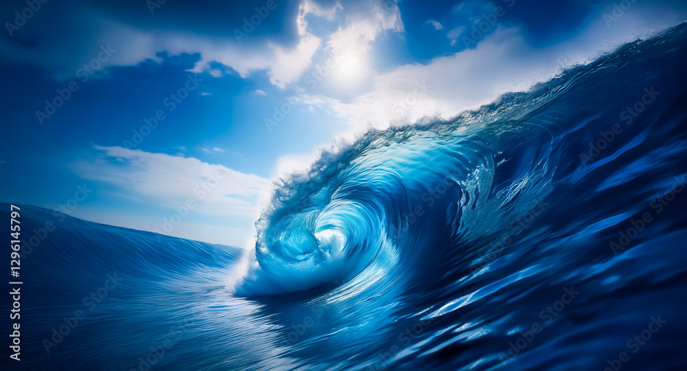 Poster a powerful ocean wave curls under a bright sun and cloudy blue sky. the water is deep blue and refle