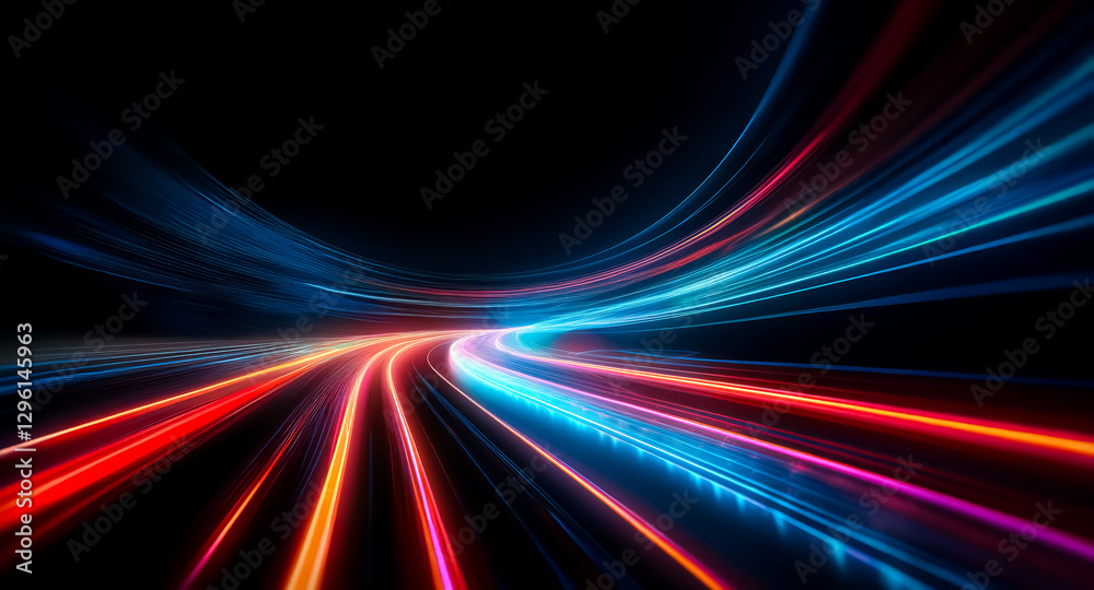 Aufkleber Abstract streaks of vibrant blue and red light speed across a dark backdrop, creating a sense of motion and energy with curved lines and bright illumination.