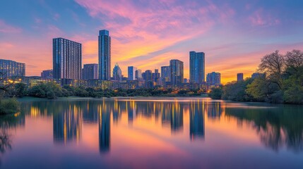 Fototapeta premium Austin Skyline at Sunrise: A Breathtaking Reflection