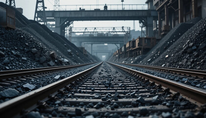 Railway tracks leading to an industrial scene with a melancholic atmosphere
