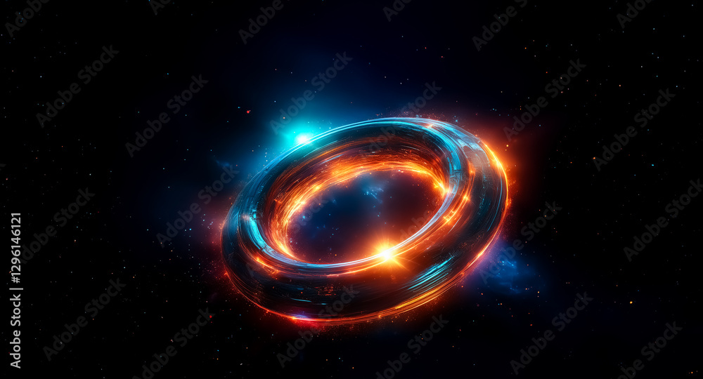 Aufkleber glowing torus in dark space, illuminated with vibrant orange and blue light. cosmic scene with nebul