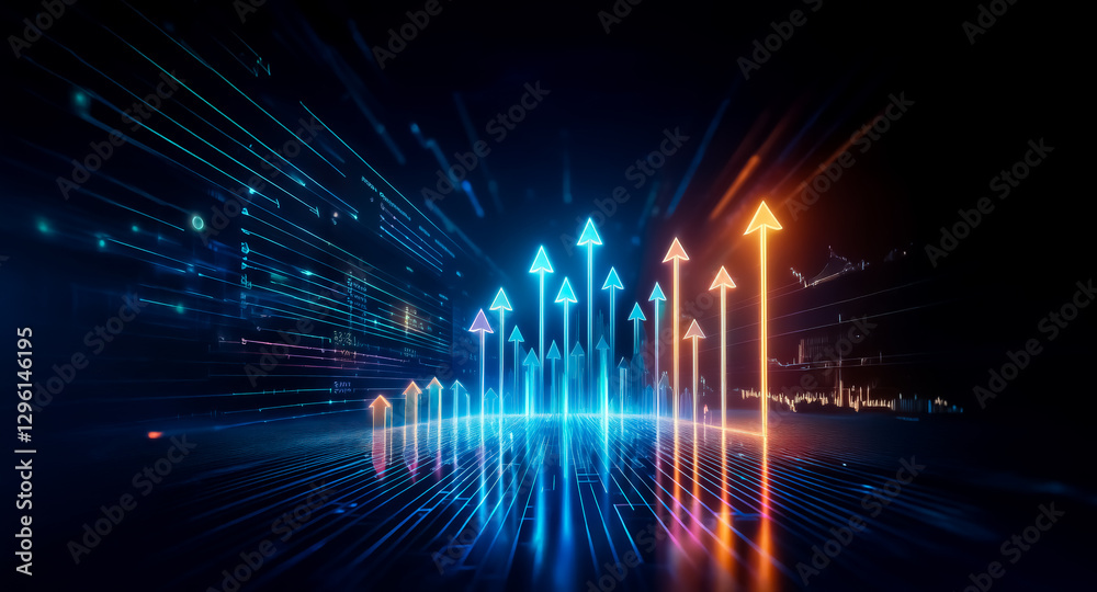 Poster bright arrows pointing upwards illuminate a dark digital space, suggesting growth and technological 