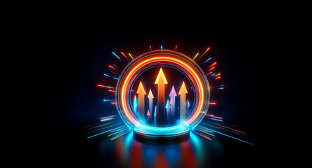 Circular portal with glowing arrows pointing upwards, radiating bright beams on a dark backdrop.  Orange and blue lights illuminate the futuristic design.