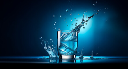 Clear glass filled with ice cubes and splashing liquid against a dark blue backdrop with a bright light source, creating dynamic water droplets.