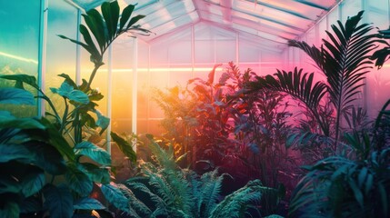 Neon Greenhouse: A Tropical Oasis of vibrant plants bathed in colorful LED lights