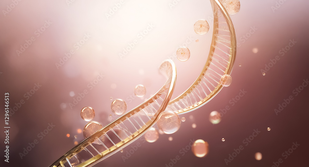 Aufkleber golden dna strands intertwined with floating bubbles, illuminated against a soft, blurry warm backgr