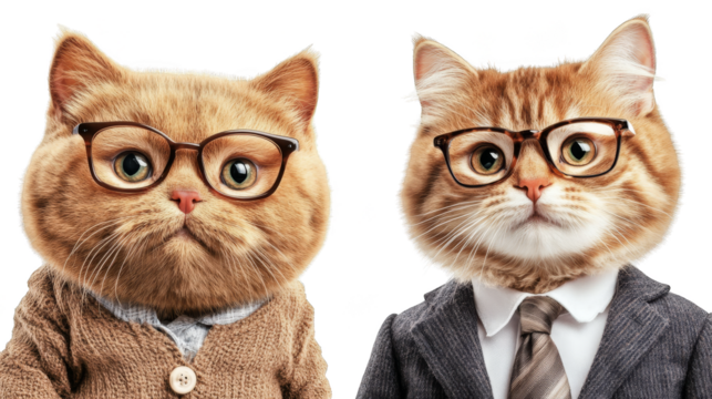 A captivating portrait of cat wearing suit and glasses, embodying sophistication intelligence.