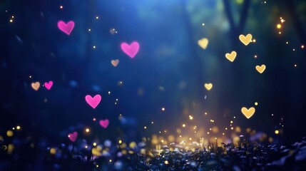 Glowing hearts with golden and pink radiance in a Midnight blue forest