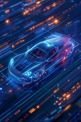 A high-tech wireframe sports car in neon blue and red colors, speeding through a futuristic digital environment with dynamic motion effects.