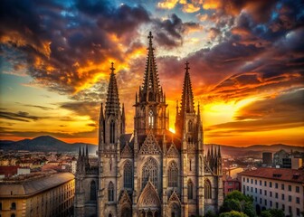 Barcelona Cathedral Silhouette at Sunset - Gothic Architecture Stock Photo