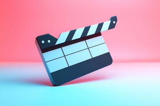 A cinematic clapperboard rests on a gradient blue and pink surface