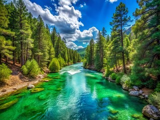 Basaseachi Chihuahua: Lush Pine Forest, Turquoise River, Blue Sky Bokeh - Stock Photo