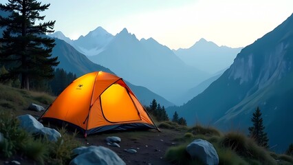 Mountain camping with orange tent surrounded by nature, fog and scenic landscape, outdoor tourism concept