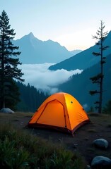 Mountain camping with orange tent surrounded by nature, fog and scenic landscape, outdoor tourism concept