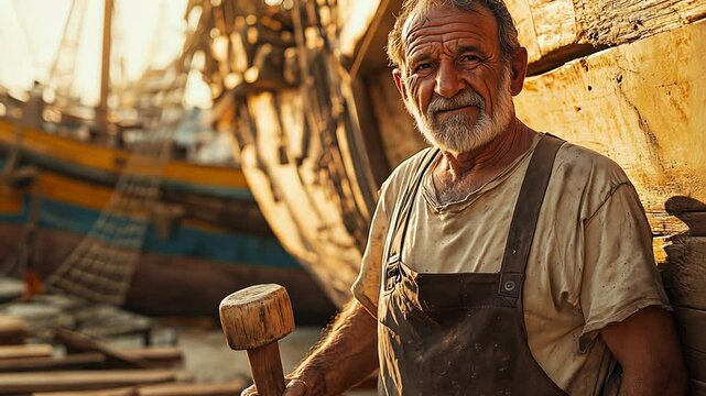 A highly skilled shipbuilder working in a rustic shipyard during sunset