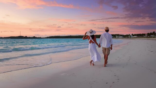 A elegant couple walks hand in hand on a tropical paradise beach during sunrise