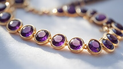 A close-up of a gemstone necklace with amethyst stones set in gold, placed on a white surface