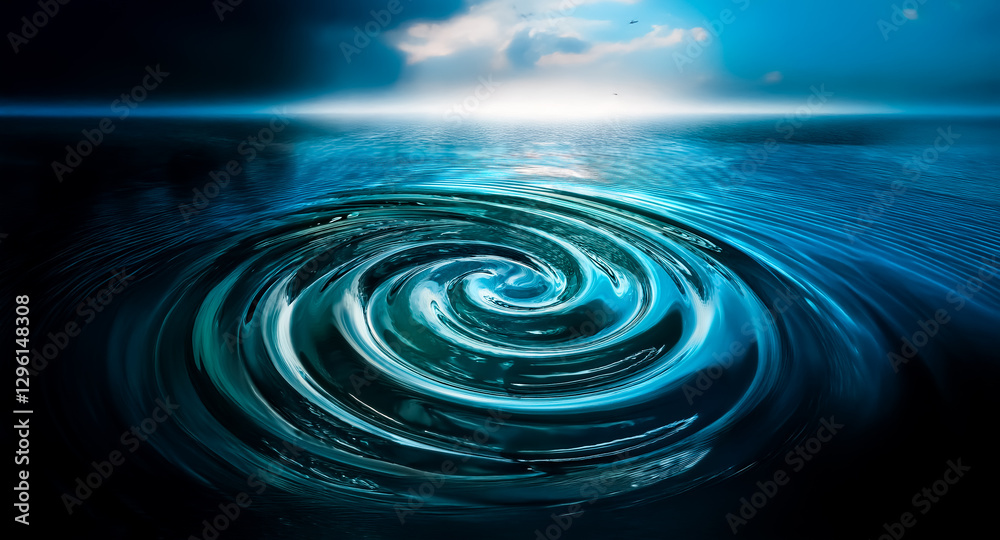 Poster a dark, swirling water vortex dominates the scene as a bright light source appears over the horizon 