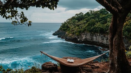 Obraz premium Ocean View Hammock Relaxation Book Coastal Serenity