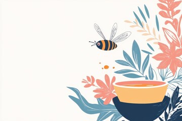 Colorful Illustration of a Bee and Floral Elements with Tea Cup