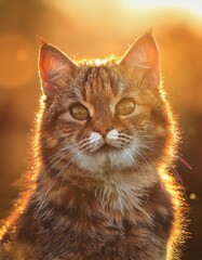 朝の柔らかな光と露に照らされ、毛並みがキラキラと輝く猫の瞬間