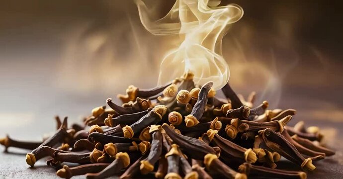A beautifully arranged pile of dried cloves with a faint golden mist rising from them, representing their natural ability to preserve food and boost health