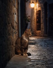 静かな路地裏の薄明かりの中、謎めいた雰囲気を漂わせる猫