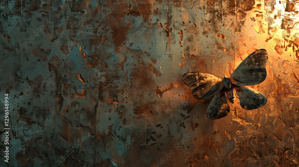 Wall mural a moth with patterned wings sits on a textured surface with a warm orange glow behind it.