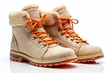 Beige Suede Winter Boots with Orange Laces & Anti-Slip Sole - Stock Photo