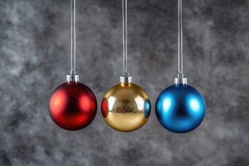 Obraz premium Three Christmas ornaments hanging in front of a grey background.